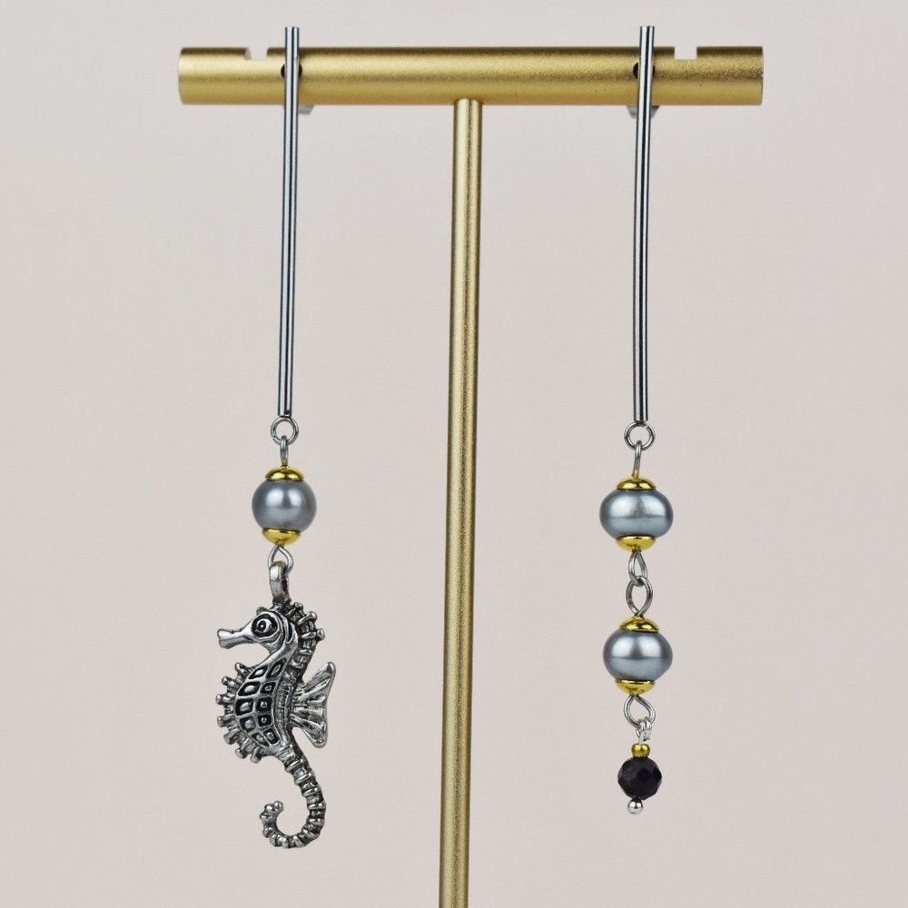 Sea horse earrings, long asymmetrical earrings, funny nautical bar earrings